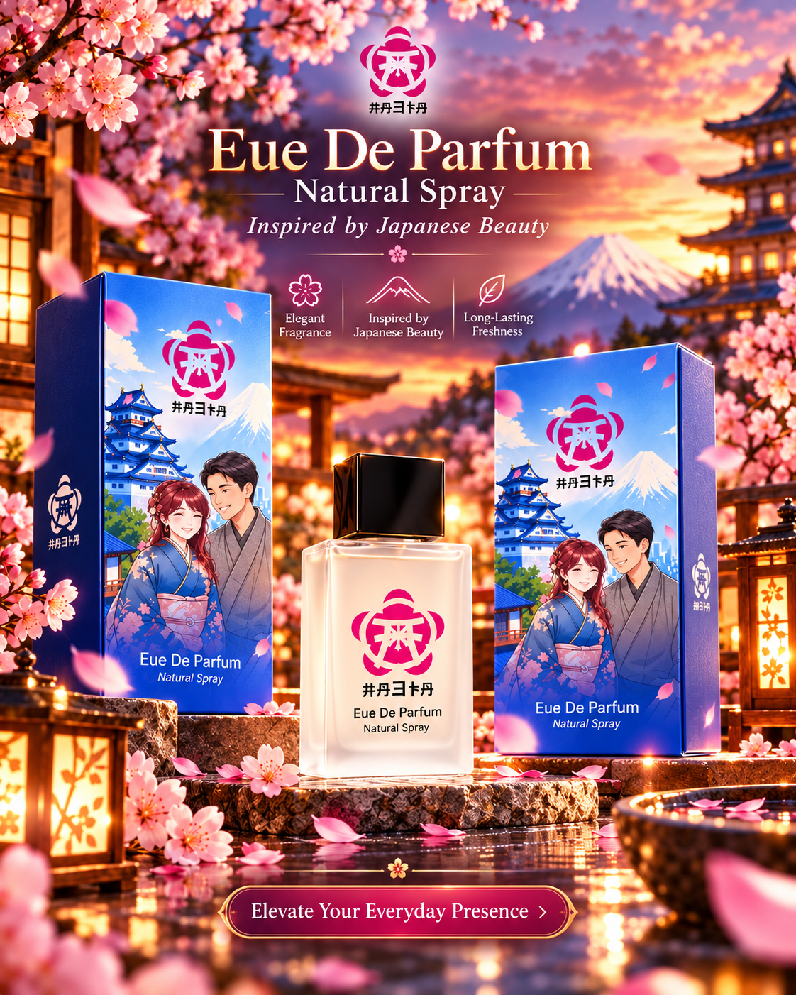 Visual HAETA dengan sakura dan lentera saat matahari terbenam