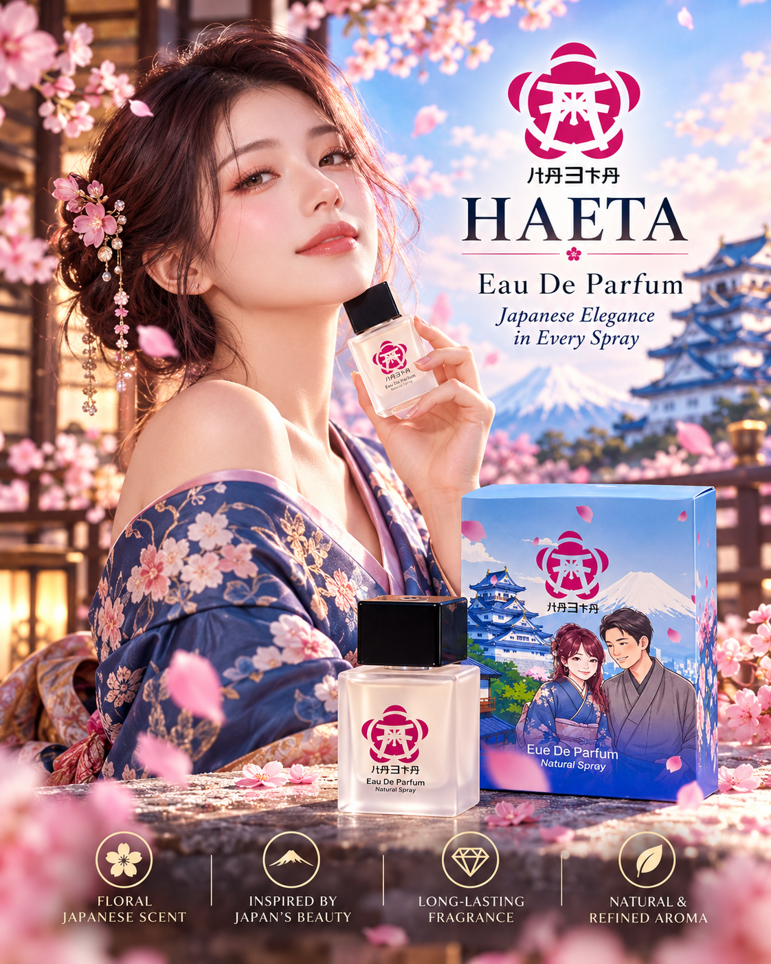 Iklan HAETA dengan model berkimono memegang parfum, box biru, dan bunga sakura
